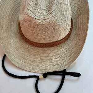 Straw Western Cowgirl Hat plastic braid trim and black drawstring